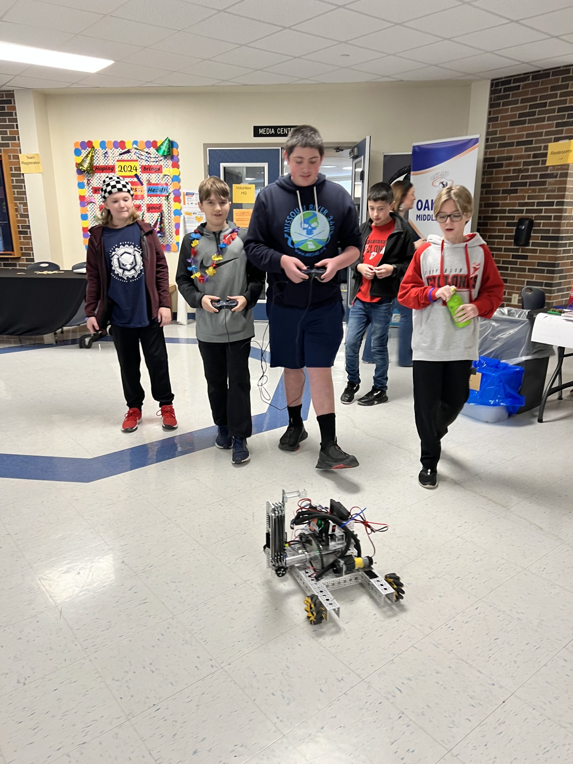 FTC team Ant Colony demonstrates their robot at the January 2024 FLL tournament