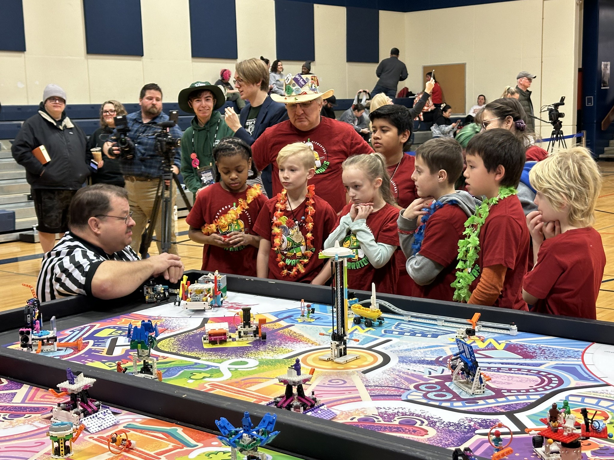 Shepard Elementary FLL team consults with the referee at the 2024 tournament